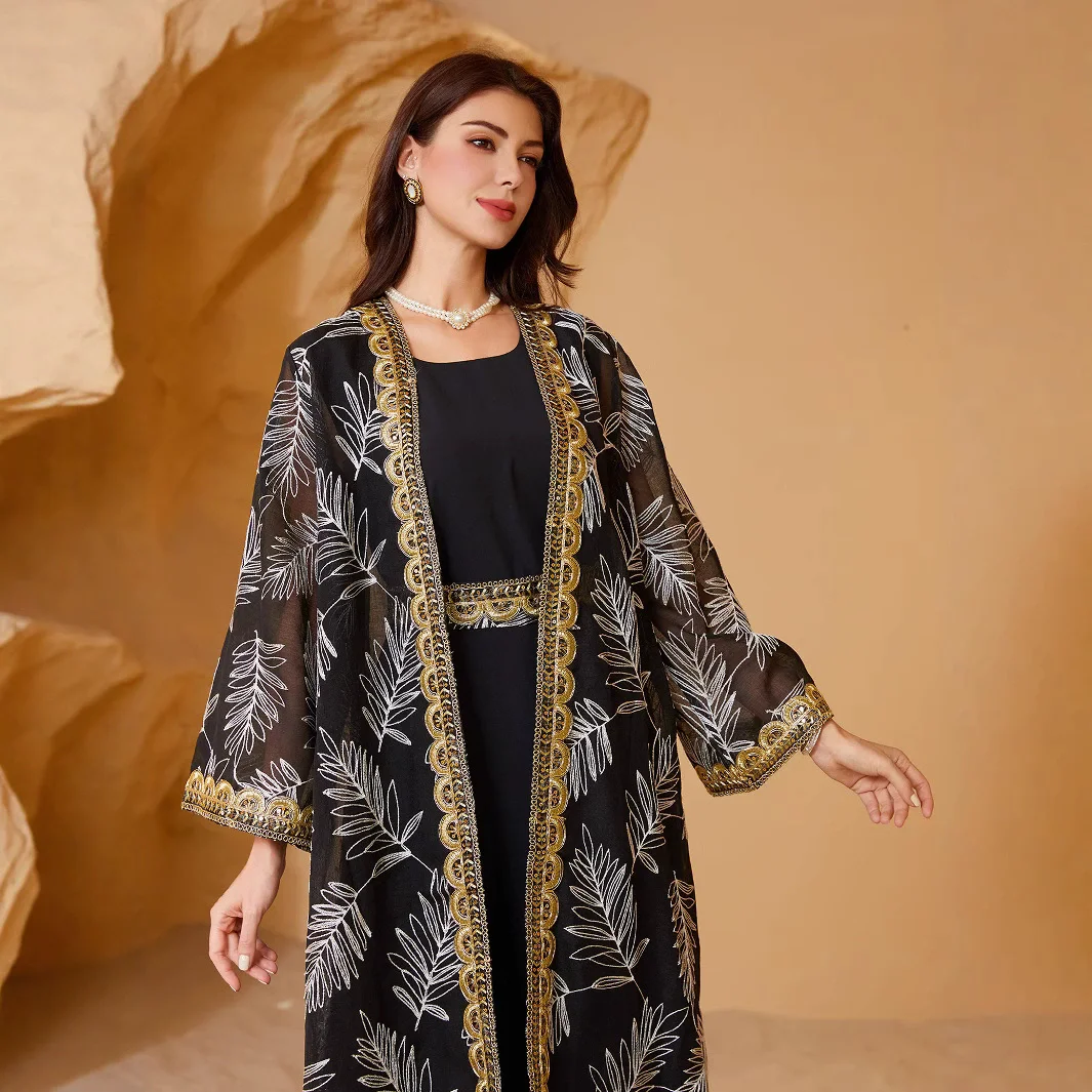 

Middle East Saudi Arabia Dubai Islamic Elegant Mesh Embroidered Splicing Gold Ribbon Muslim Luxury Fashion Two Piece Set