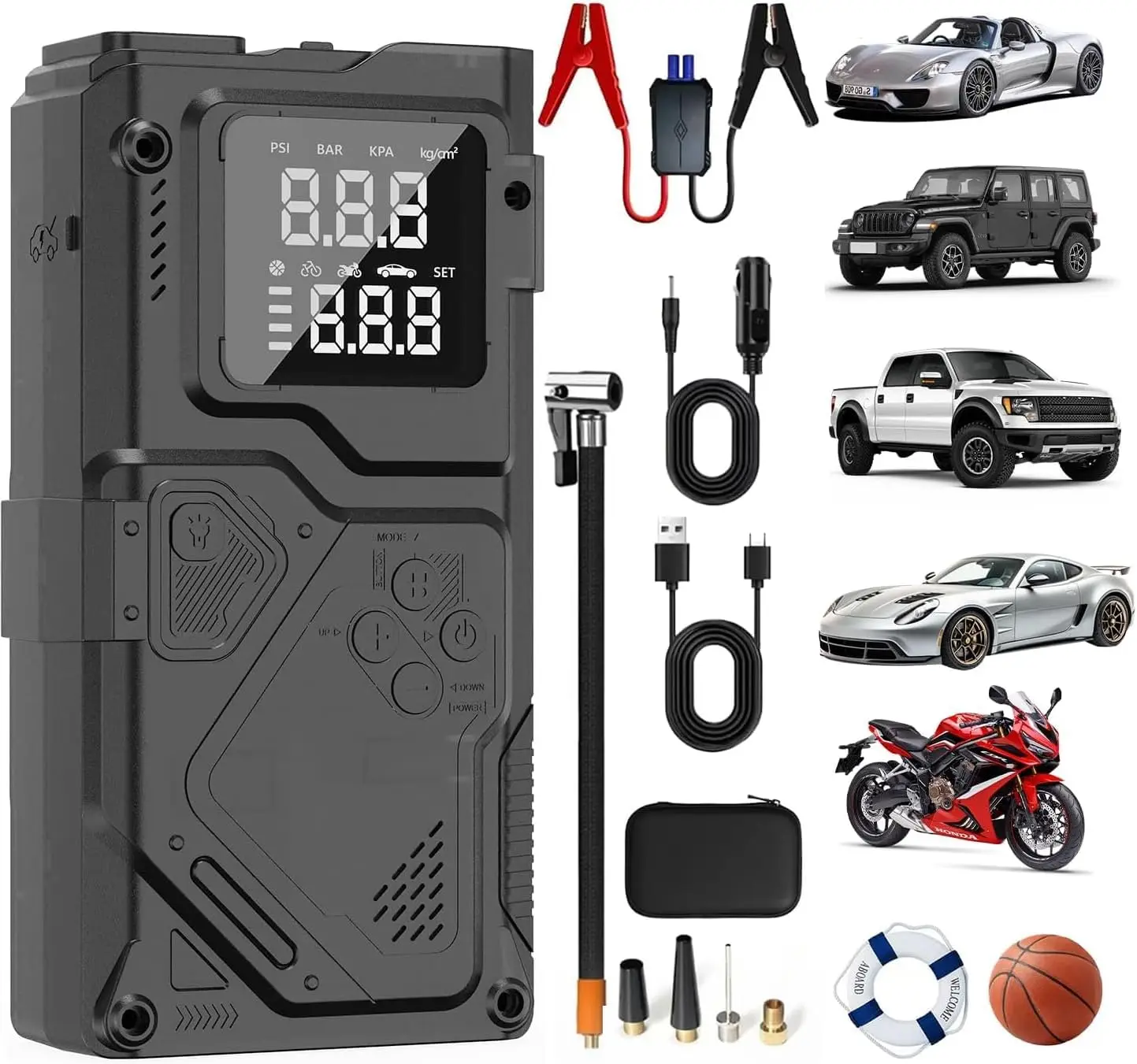 

Car Battery Jump Starter with Air Compressor, 150PSI Tire Inflator, 3000A 12V Portable Booster Pack