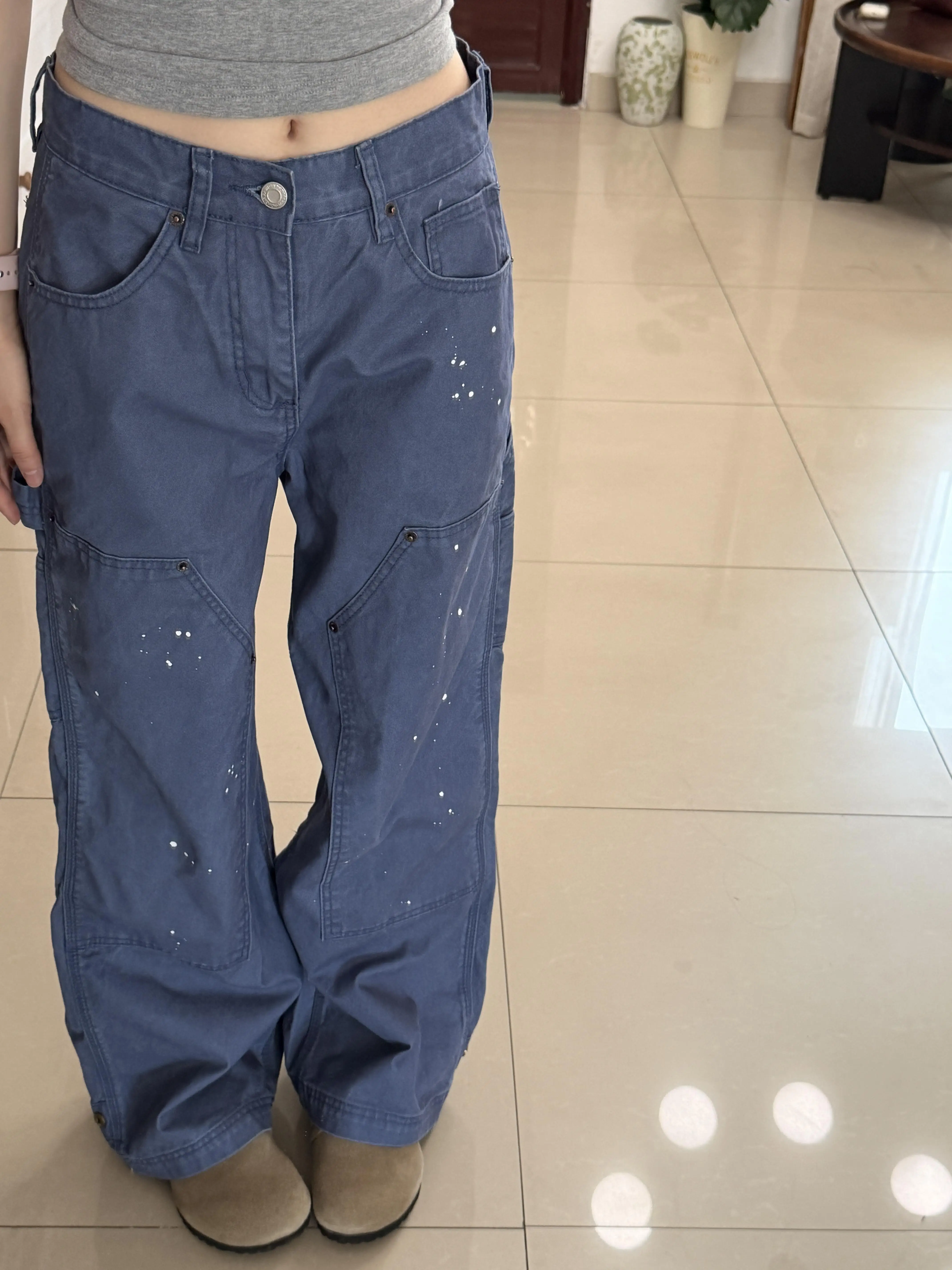 American High Street Splashed Ink Double Knee Work Trousers Men Straight CleanFit Heavy Water Wash Blue Vintage Logging Work ...