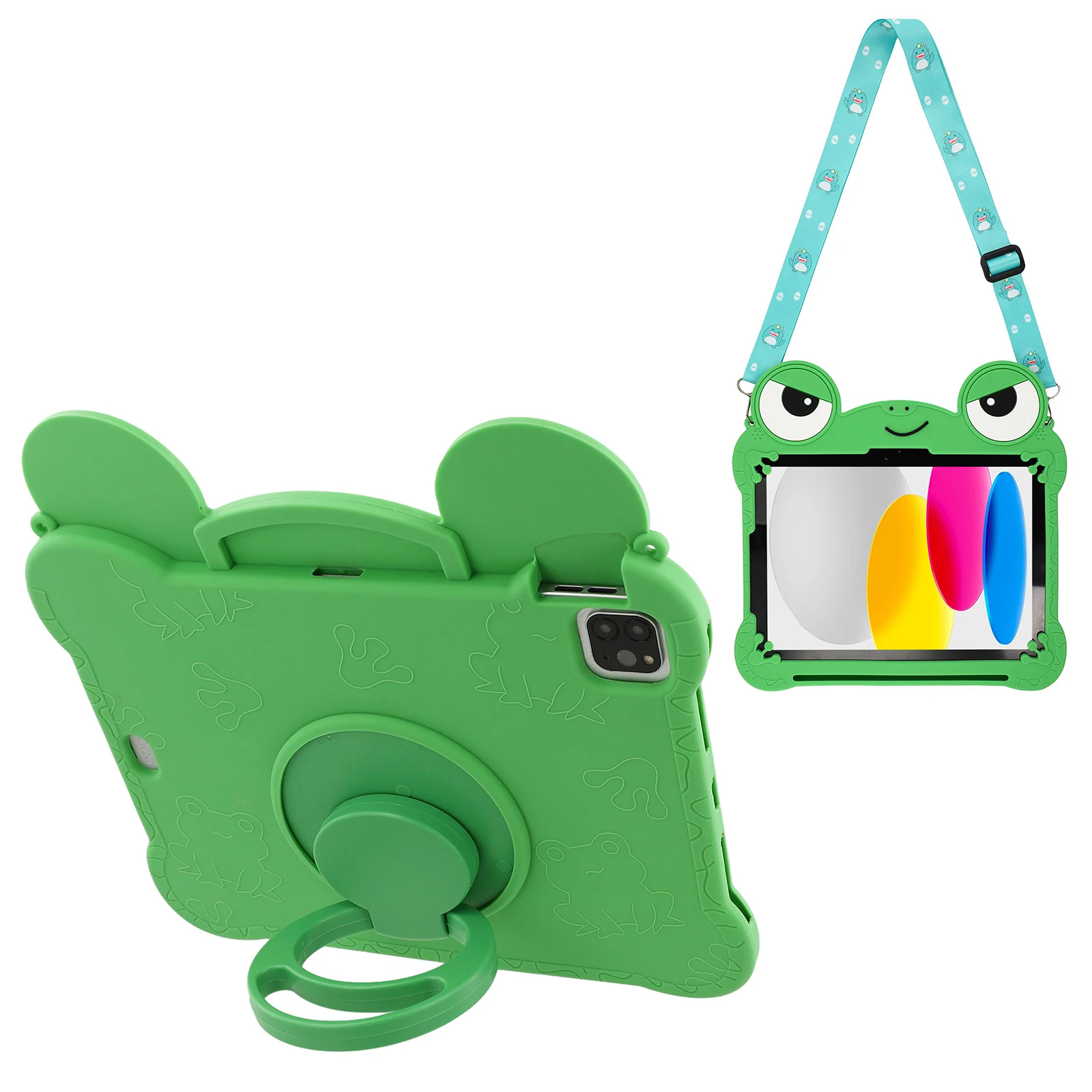 For iPad (2025) / iPad 10.9 (2022) Case Rotating Kickstand Cute Frog Design Silicone Tablet Cover with Lanyard