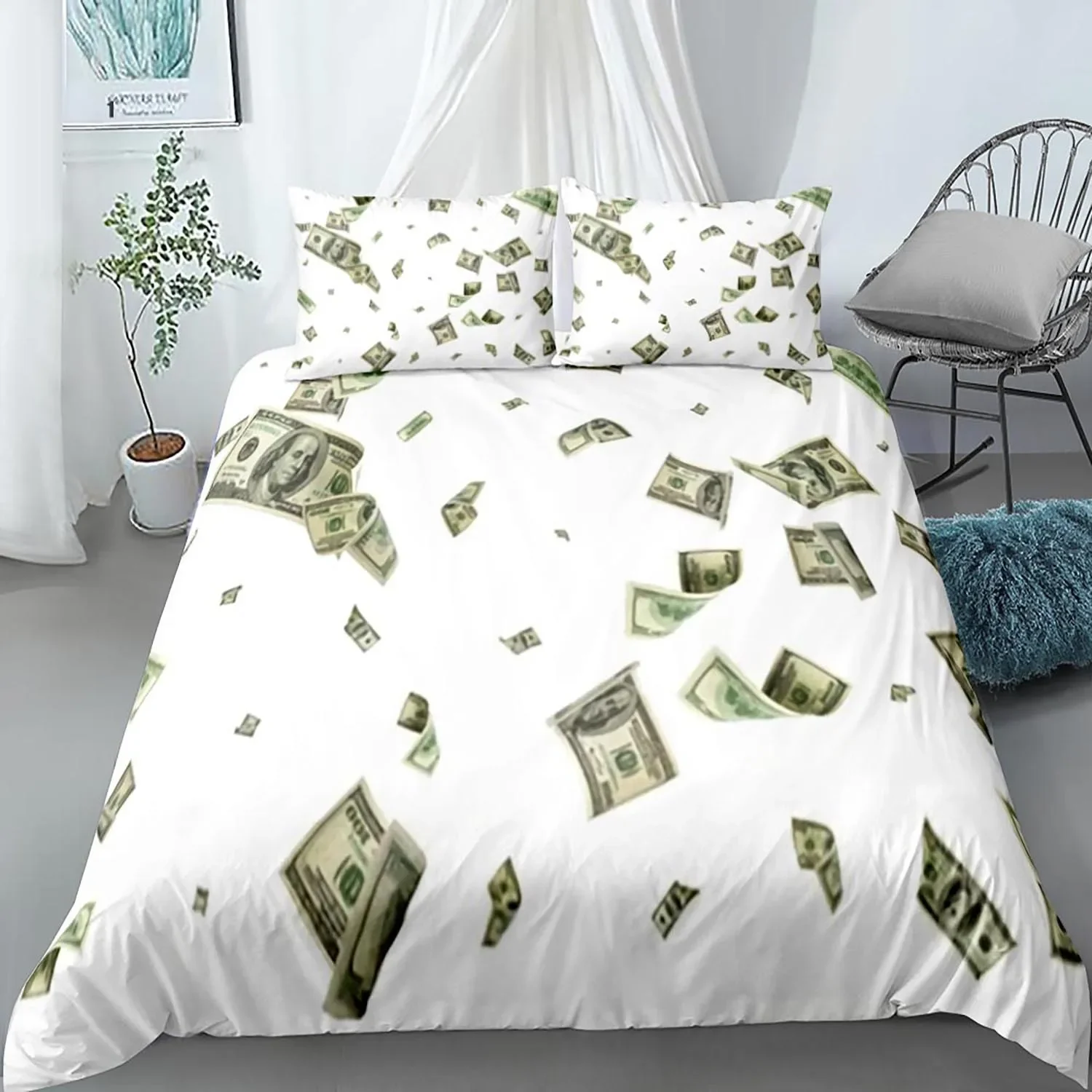 Money Duvet Cover Set Dollar Bills of United States Federal Reserve with The Portrait of Ben Franklin Full Polyester Bedding Set