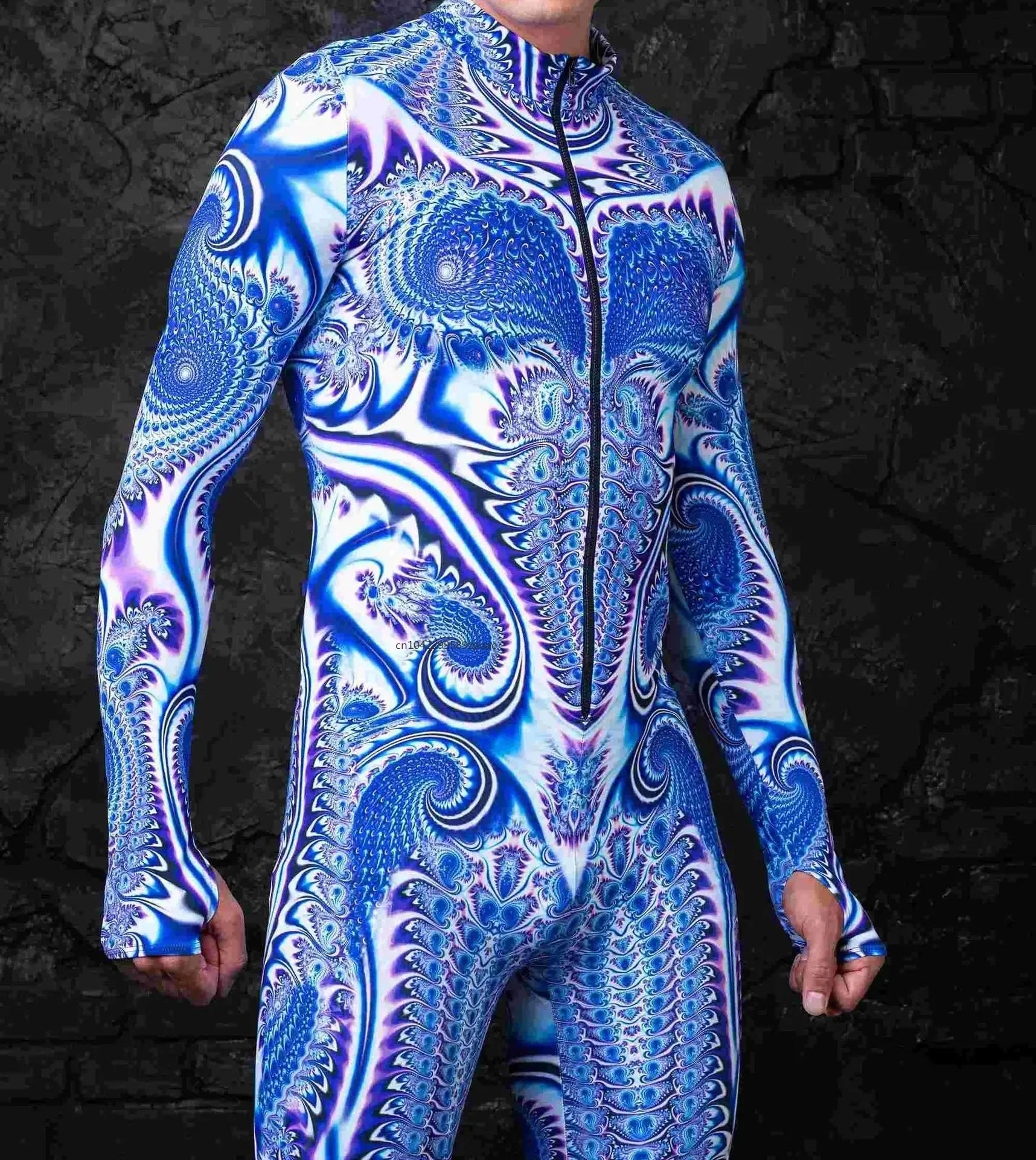 Men Halloween Cosplay Costume Carnival Cyberpunk Steampunk Artistic Pattern Sexy Slim Jumpsuit Performance Zentai Suit Bodysuit