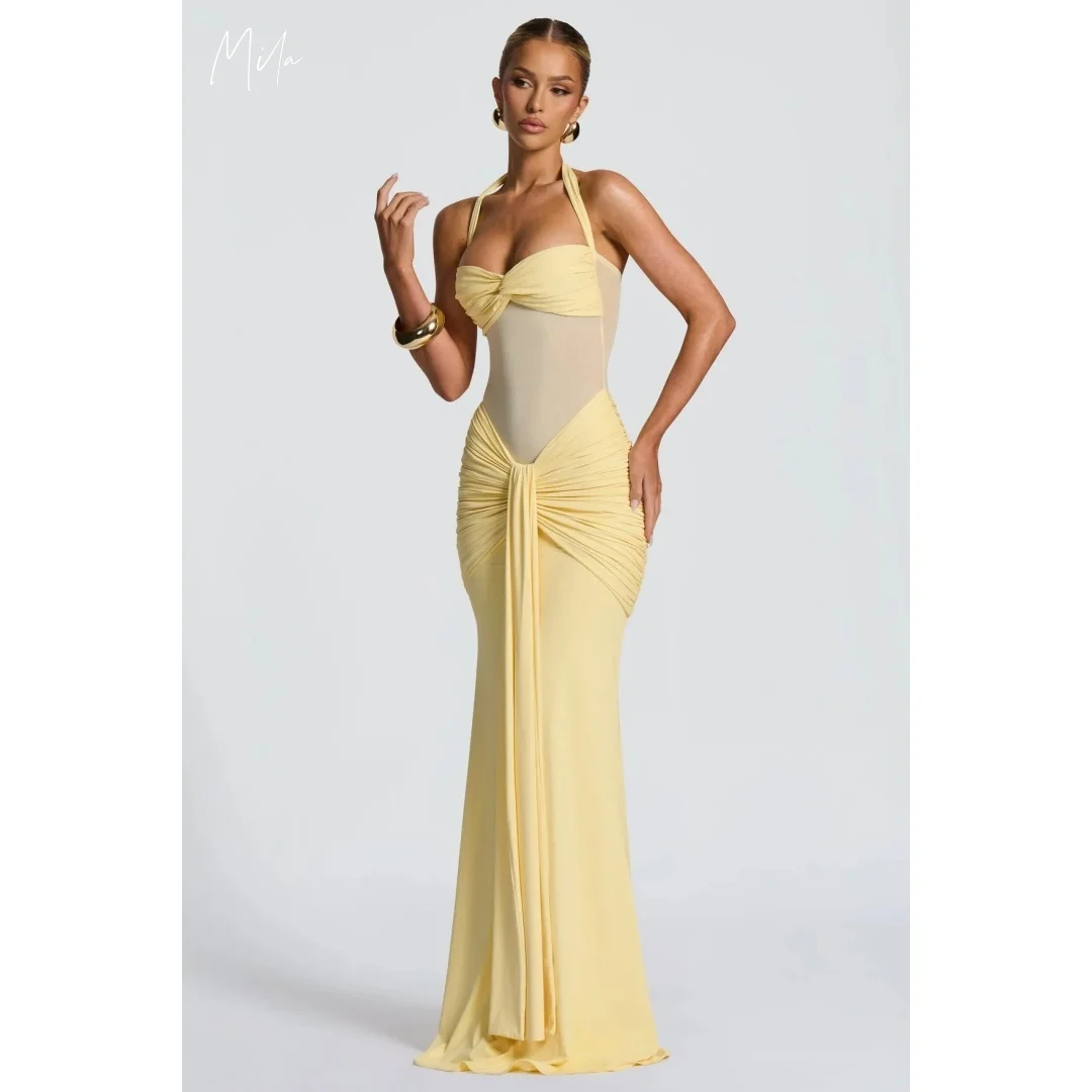 

Mila Yellow Halter Prom Dresses With Sheer Mesh Bodice Ruched Mermaid Skirt Customized Formal Evening vestidos de gala For Women