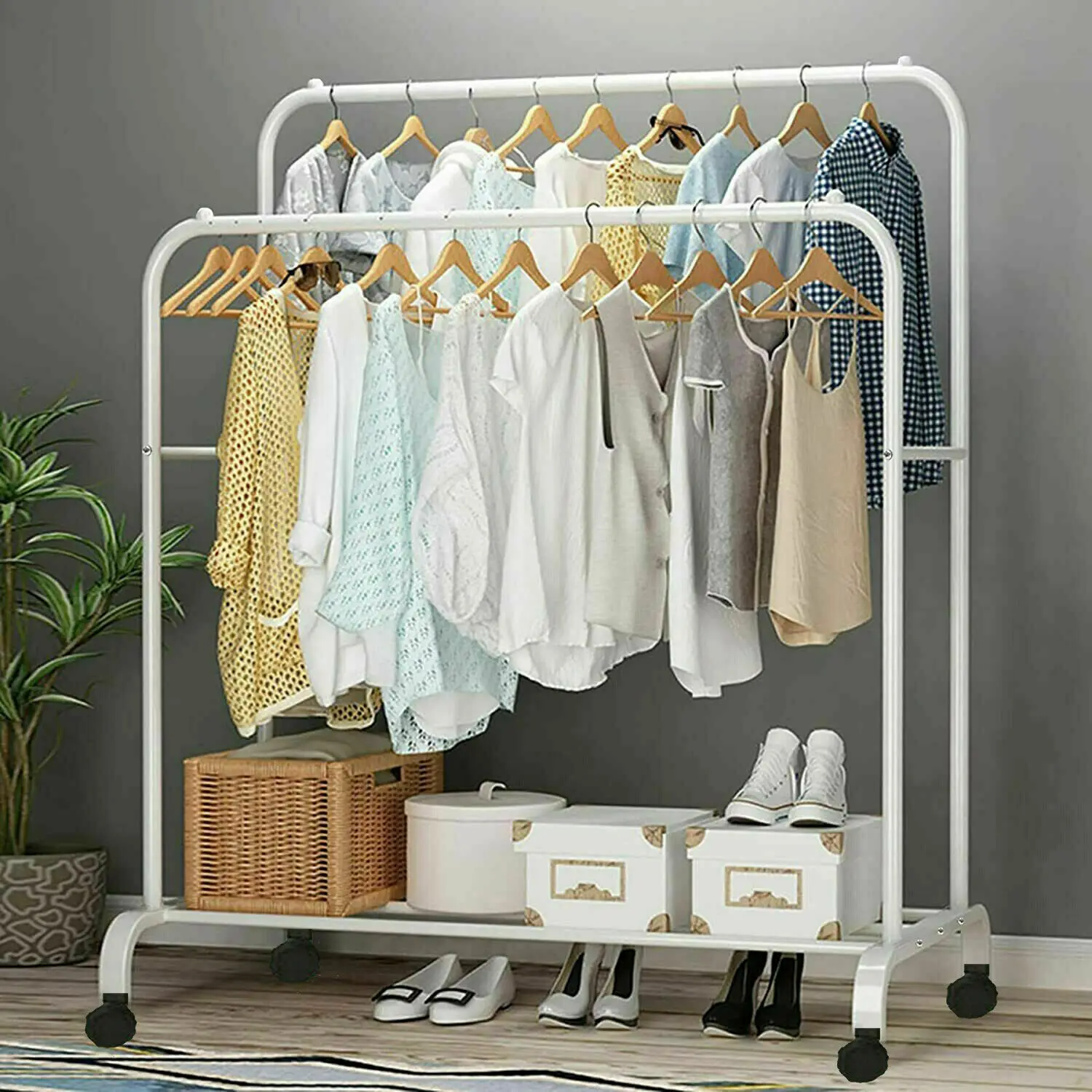 Heavy Duty Rolling Clothes Rack – Double Rod & Lower Storage Stand