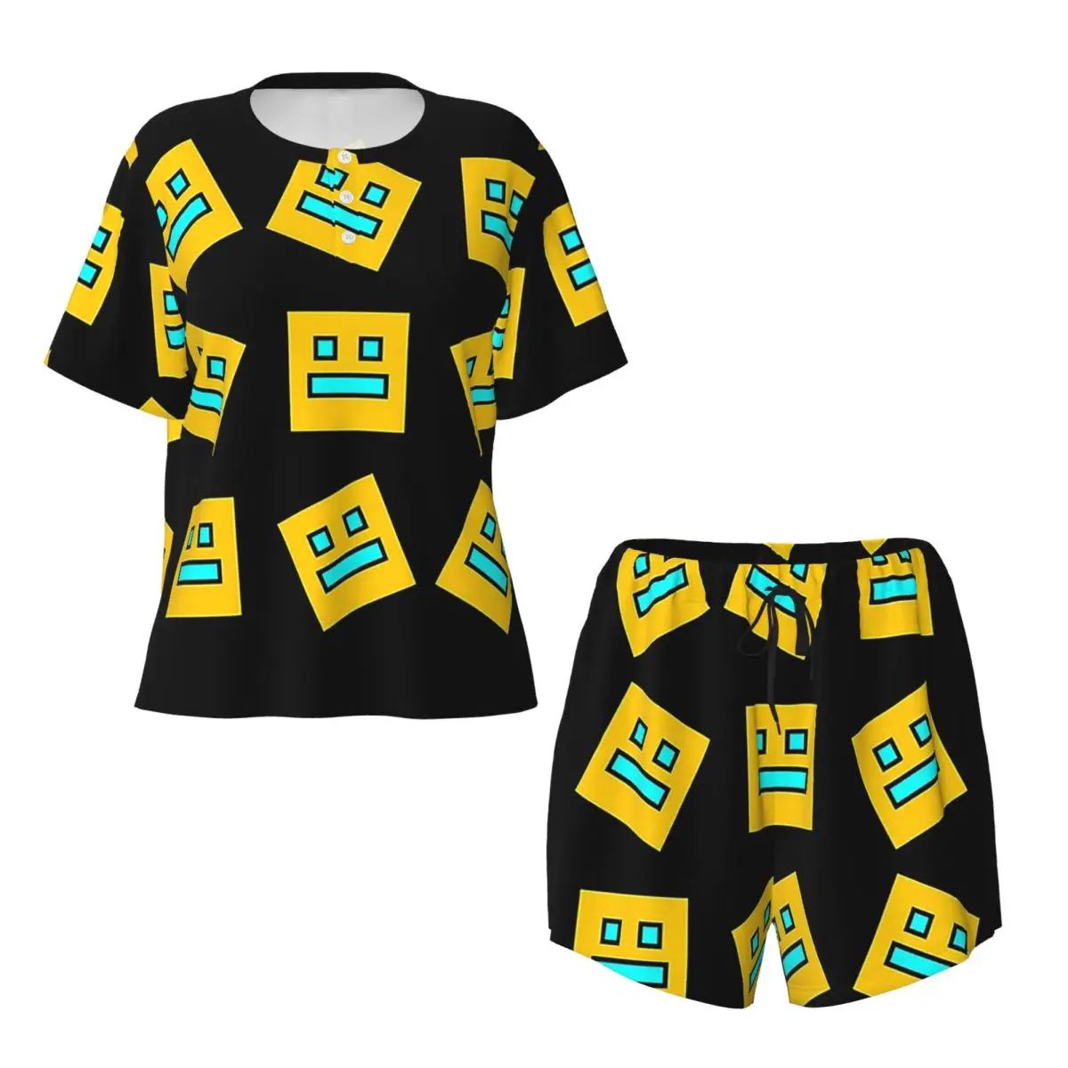 Video Game Geometry Dash Round Neck Short Sleeve Nightgowns for Sleeping Sleepshirts Women Soft Pajama Set Short Pants