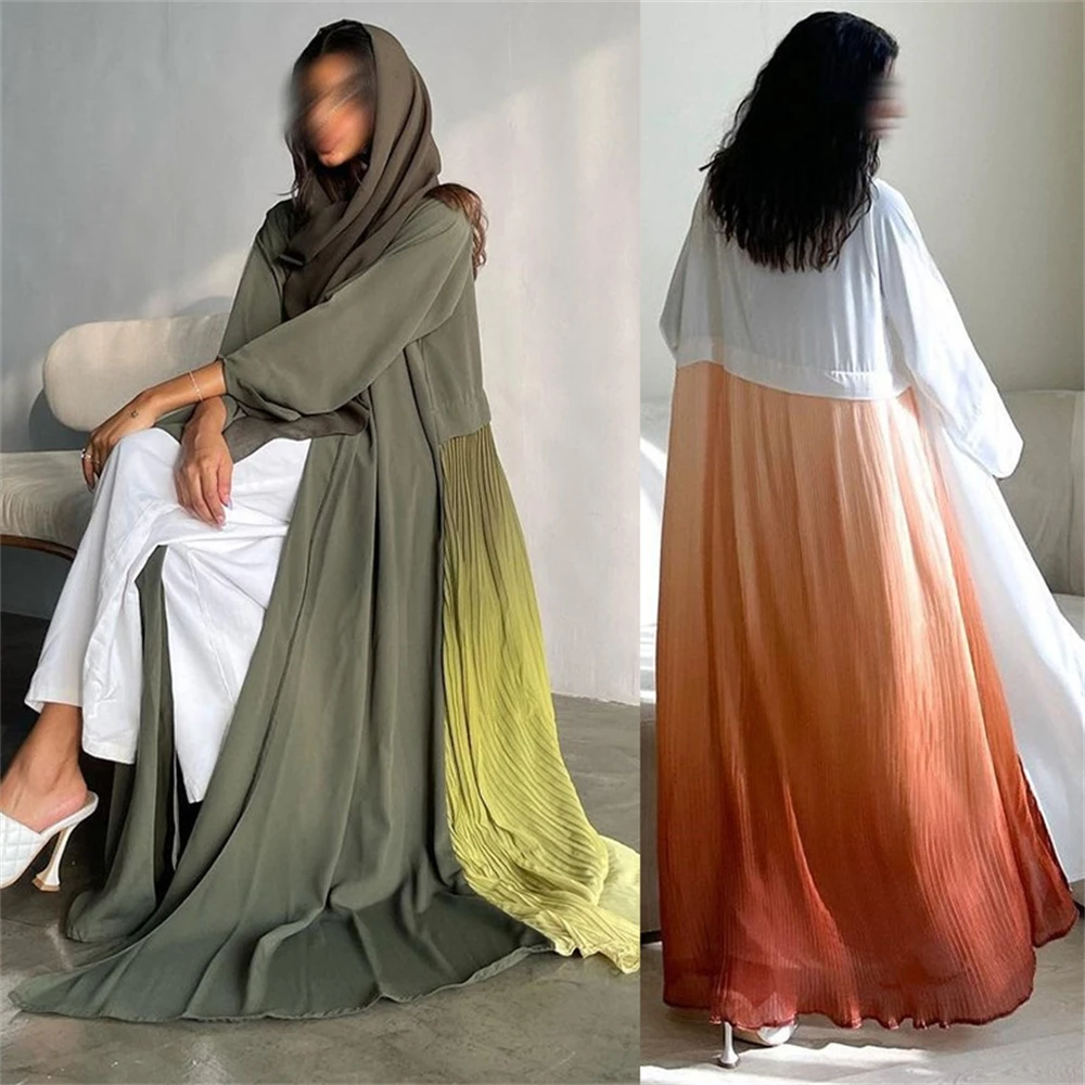 

Arab Open Kimono Abaya Chiffon Crimping Contrast Color Patchwork Casual Saudi Women Clothing Dubai Moroccan Muslim Robe Ramadan