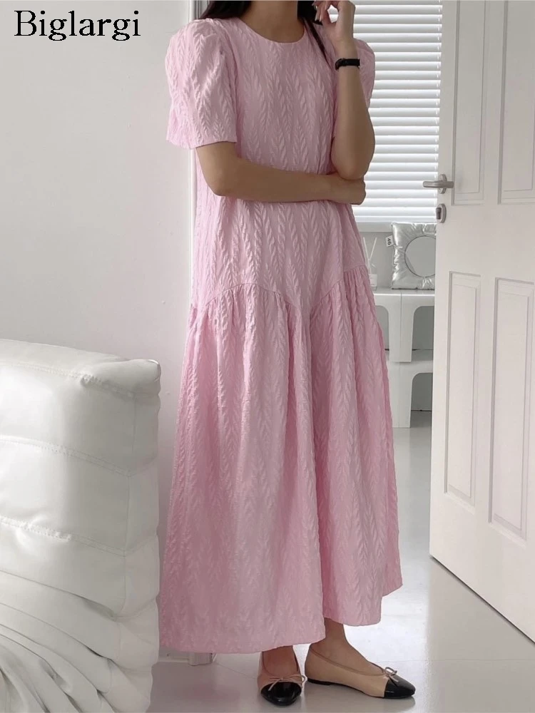 

Summer Pink Long A-Line Dress Women Pleated Loose Korean Style Fashion Ladies Dresses Short Sleeve Woman Dress