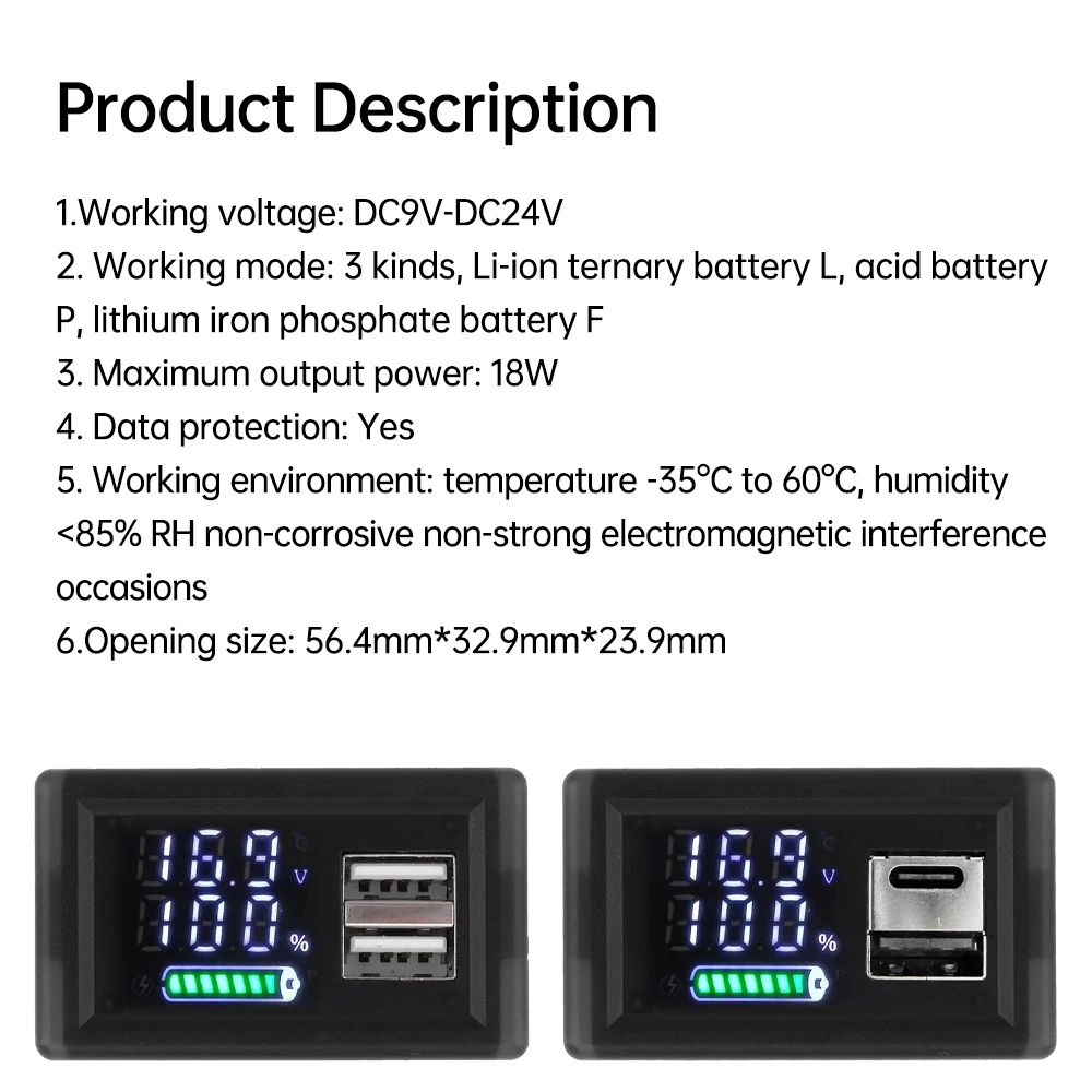 LED Digital Display Voltmeter DC 9-24V USB Type-C Mini Voltage Meter Battery Capacity Indicator Tester Panel For Car Motorcycle