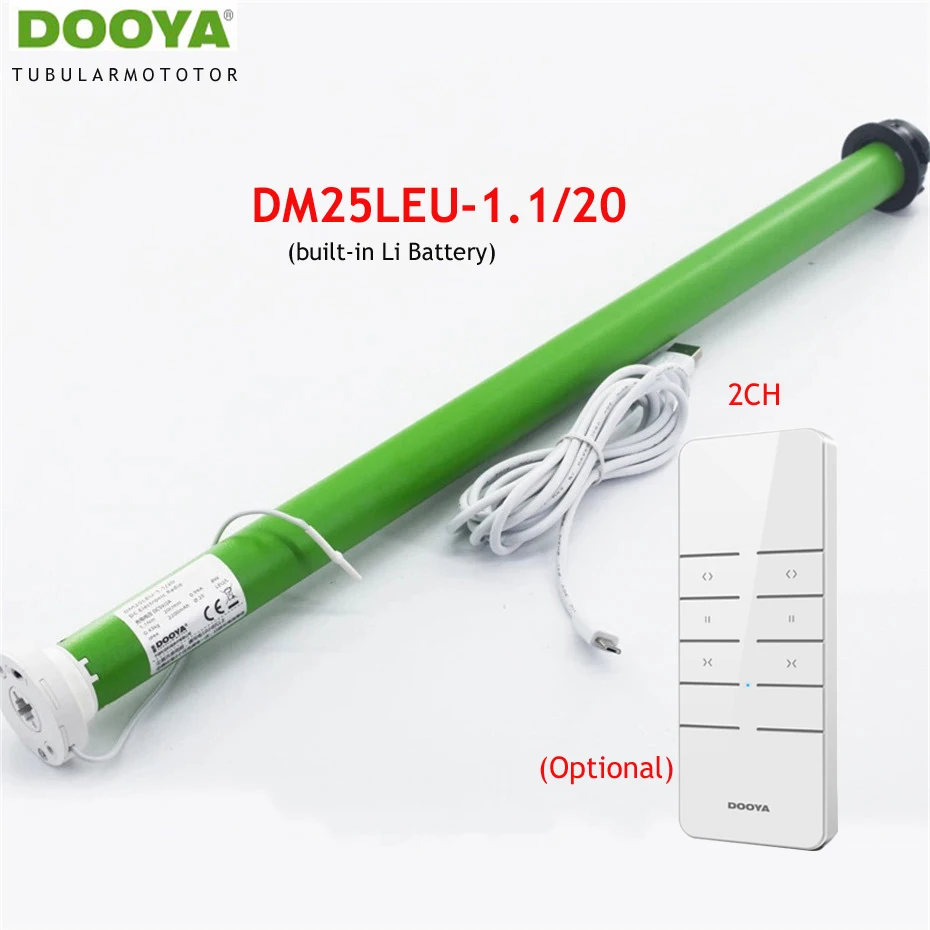 DOOYA DM25LEU Tubular Curtain Motor Built-in Li Battery USB Charge RF433 Remote Rolling Blinds for Dia.38mm Tube,Bundle Optional