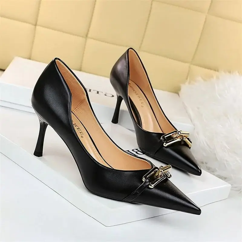 Elegant Women Shallow Mouth Pumps Metal Button Thin Heel Single Shoes Stiletto Banquet Pointed Toe Hollow High Heel