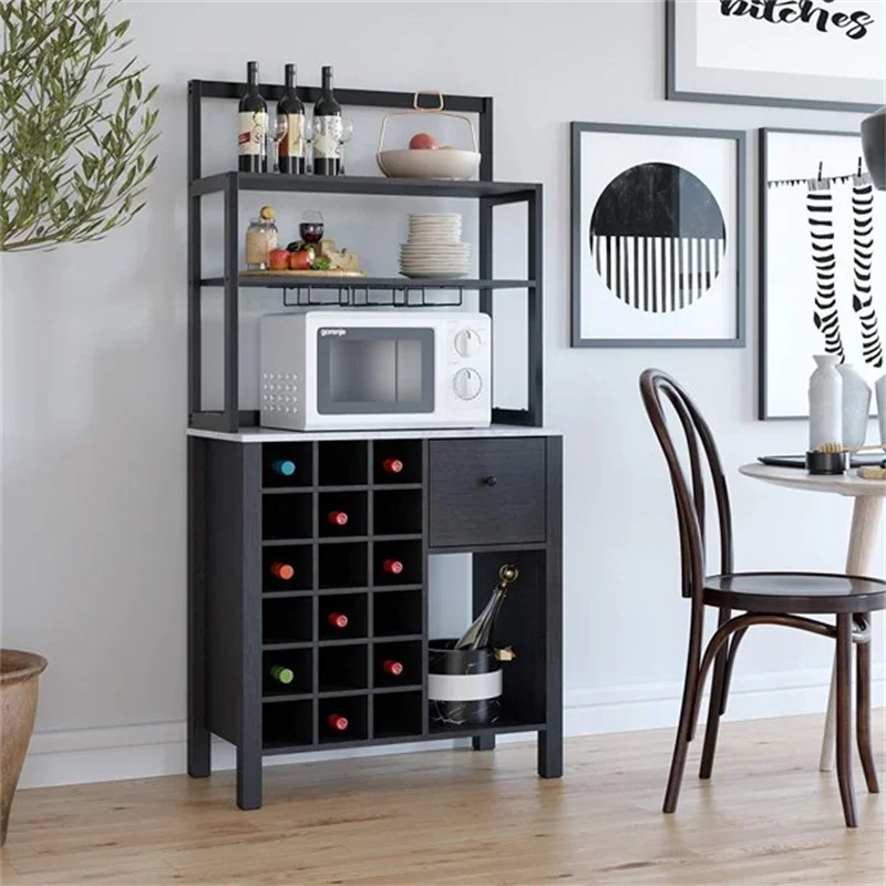 Wine Buffet Cabinet with 18 Bottle Rack and Glass Holder Serving Bar Table with 3 Tier Shelves Drawer and Open Storage