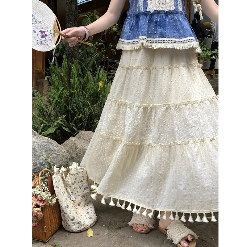 

Новинка 2026 года: Женская повседневная свободная юбка А-силуэта весна-лето, хорошее качество, с бахромой, жаккардовым узором и пэчворком, длина до щиколотки, T114