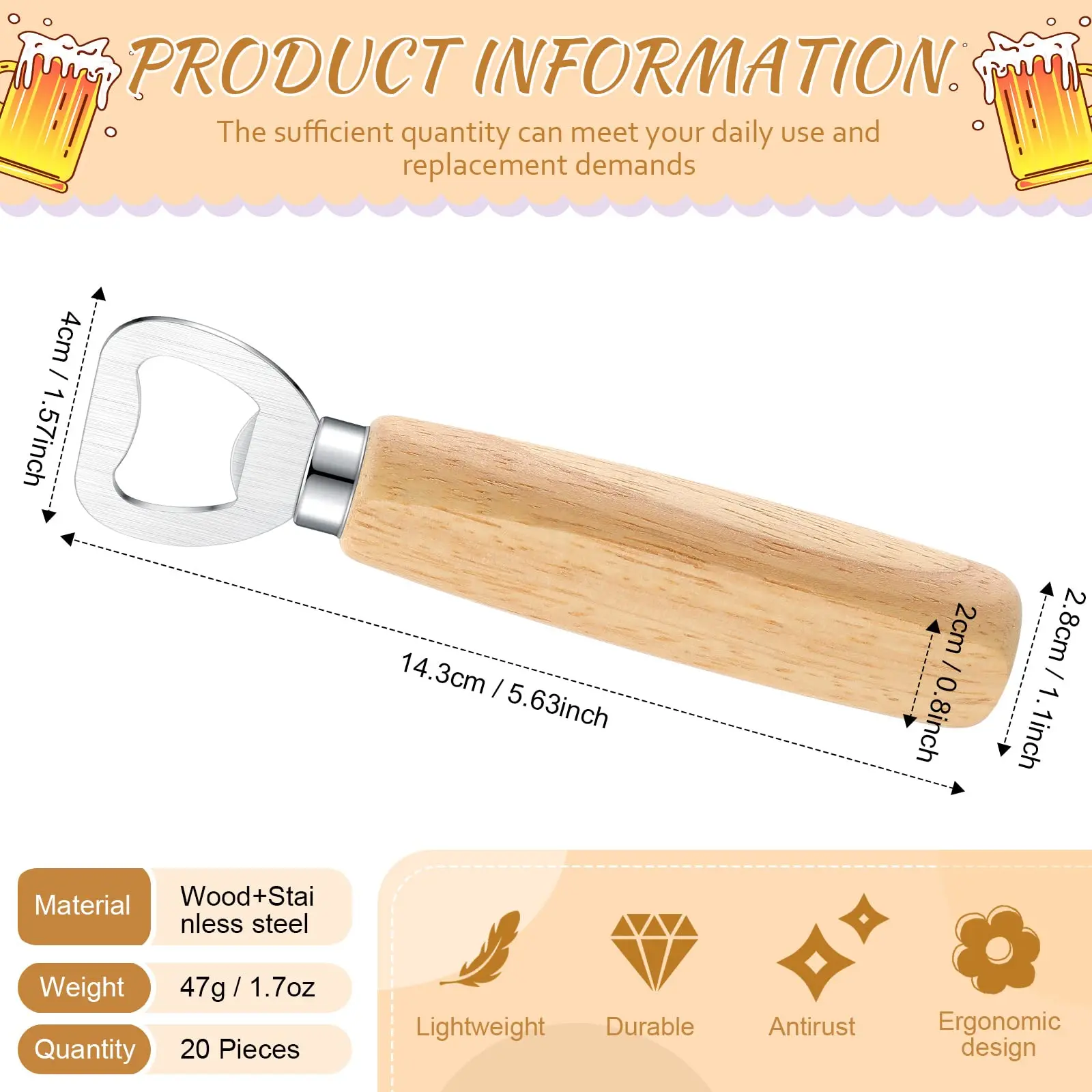 Stainless Steel Bottle Opener with Wooden Handle 5.63 Inch for Home Bar Wedding Favors Bulk Set of 20