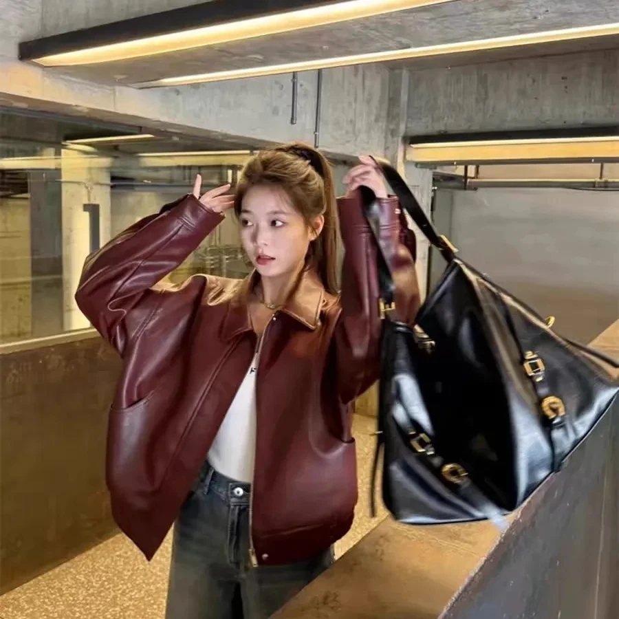 

Ankela Red Leather Jacket For Women With A High-end Feel 2026 Autumn New American Motorcycle Short PU Jacket Loose Versatile Top