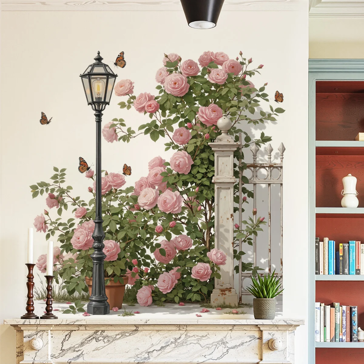Watercolor Vintage Pink Rose Bush Wall Stickers, Antique Street Lamp Iron Fence Butterfly Living Room Cabinet Decor