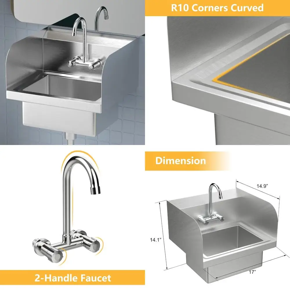

Commercial Grade Stainless Steel Hand Wash Sink with Wall Mount and Faucet, Side Splash Guard Included, Heavy Duty Utility Sink