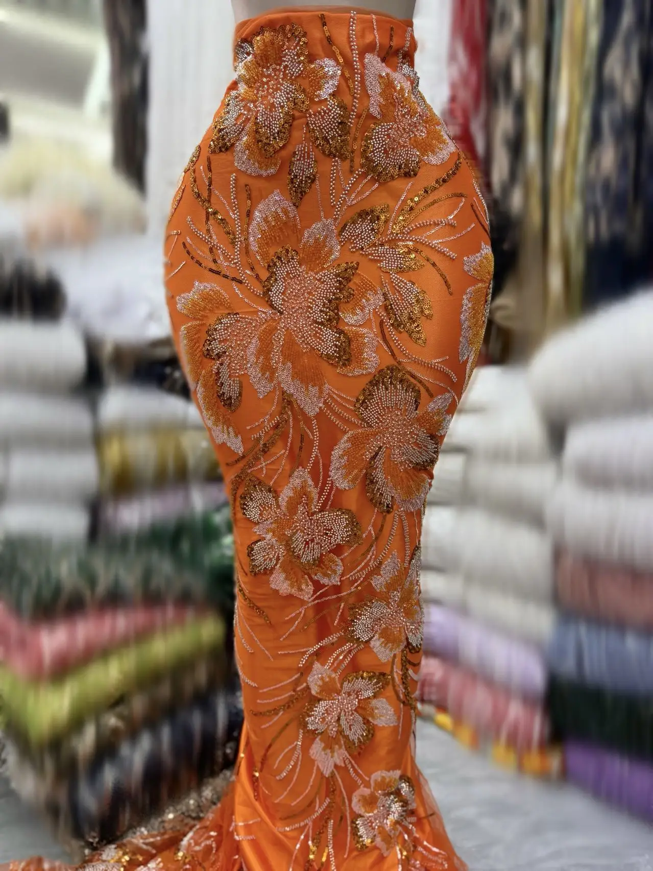 

2025 Высококачественная африканская нигерийская тюль-кружевная ткань с 3D блестками и вышивкой, французский гипюр, свадебное платье, расшитое бисером, 5 ярдов jy462