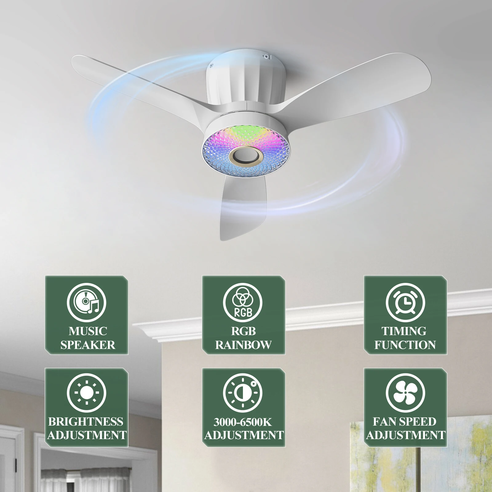 Intelligent fan light, RGB lighting, speaker, 43W power, three speed regulation, timing function.