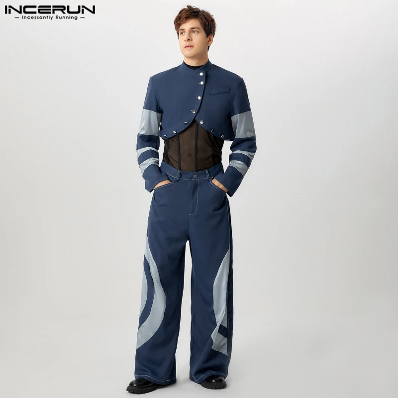 INCERUN 2024 Handsome Men's Sets Stylish Splicing Color Contrast Short Arc Swing Jackets Pants Casual Personality Two Piece Sets