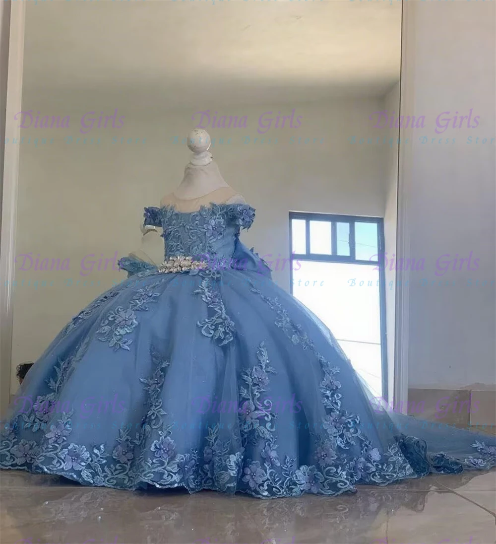 Quality Luxurious Boatneck Lace Flower Girl Dresses 3D Flower Ball Gown Dresses for Girls Pearly Crystal Girls Pageant Dress