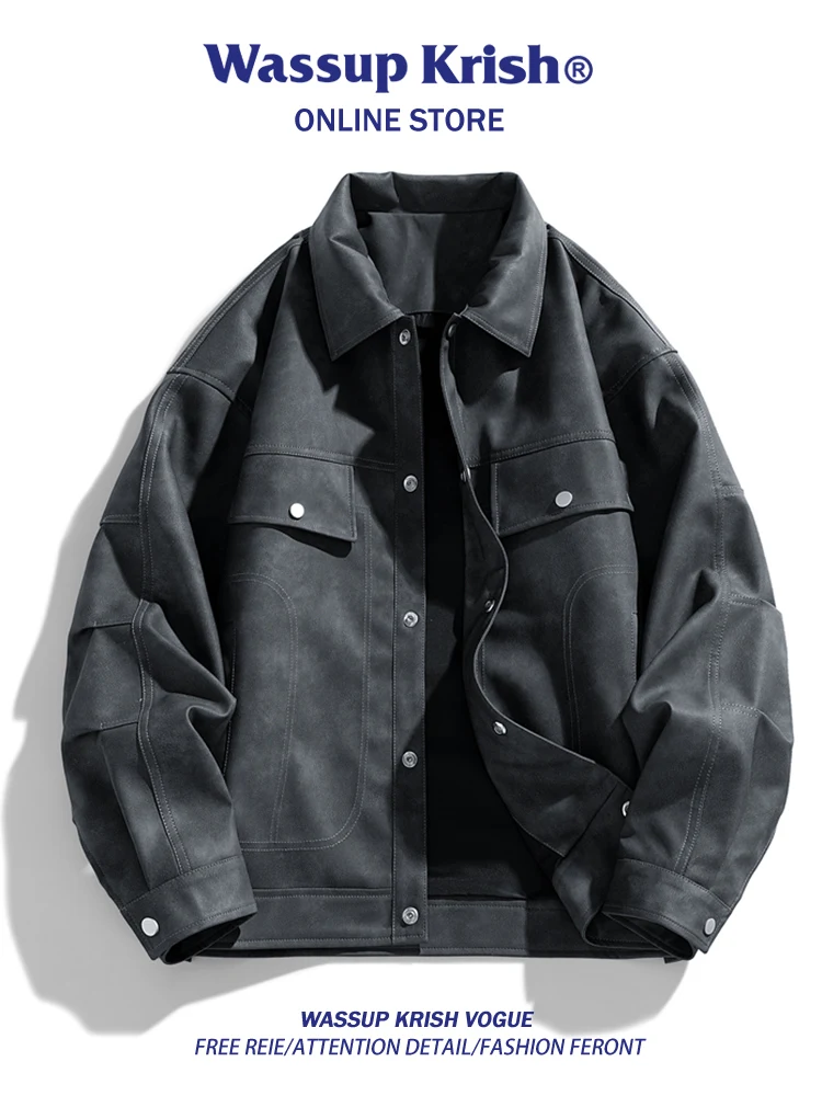 Wassup Kri Men's Casual Loose Jaet with Big kets Flip Collar Workwear Sle for Autumn 2025 Faion Trend Youth 