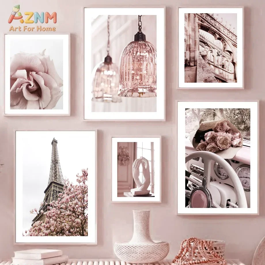 AZNM Blush Pink Paris Eiffel Tower Rose Floral Canvas Wall Art Print Decor