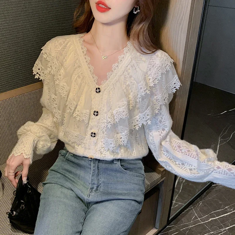 Sweet Fashion New Long Sleeve V-Neck Women Shirt Ruffles Khaki Apricot Lace Shirt Blouse Women Tops Blusas Para Mujer 2024 A773