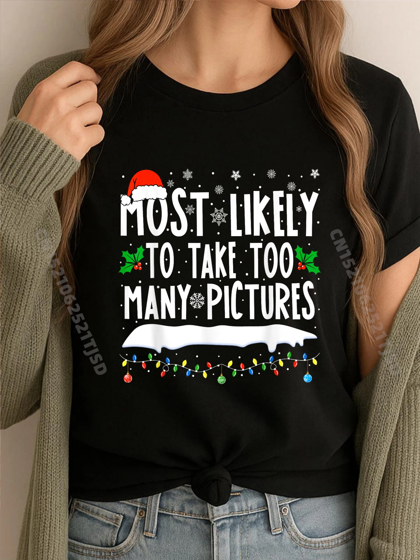 

Most Likely To Take Too Many Pictures Family Christmas Grey Shirt Graphic Tee T-Shirt WashedTshirt Washed Large Size