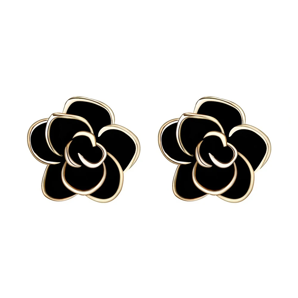 

Vintage Fashion Black Enamel Camellia Stud Earrings Hypoallergenic 925 Silver Needle Elegant Rose Flower Earrings for Women Gift