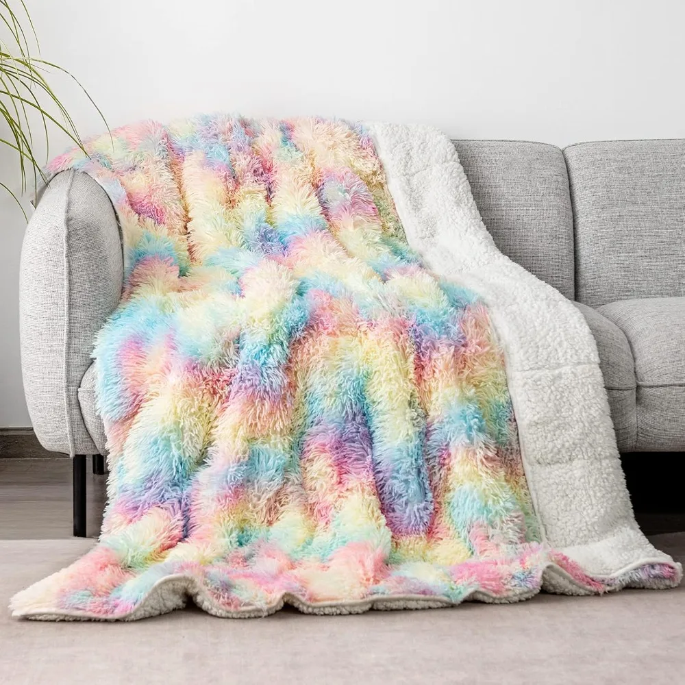 

15 Lb. Weighted Blanket, 60“ X 80”, Soft Faux Fur, Reversible Fluffy Wool Reversible Blanket, Warm and Cozy, Rainbow Blanket