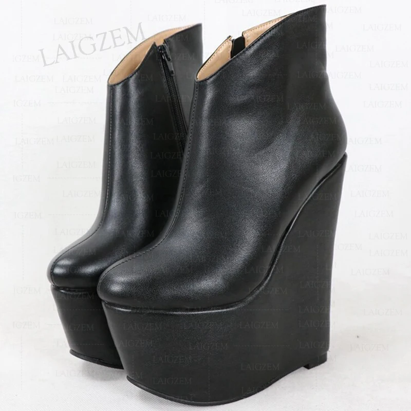 SEIIHEM Women Ankle Boots 20cm High Heels Wedges Platform Side Zip Up Faux Leather Boots Ladies Shoes Woman Big Size 38 41 48