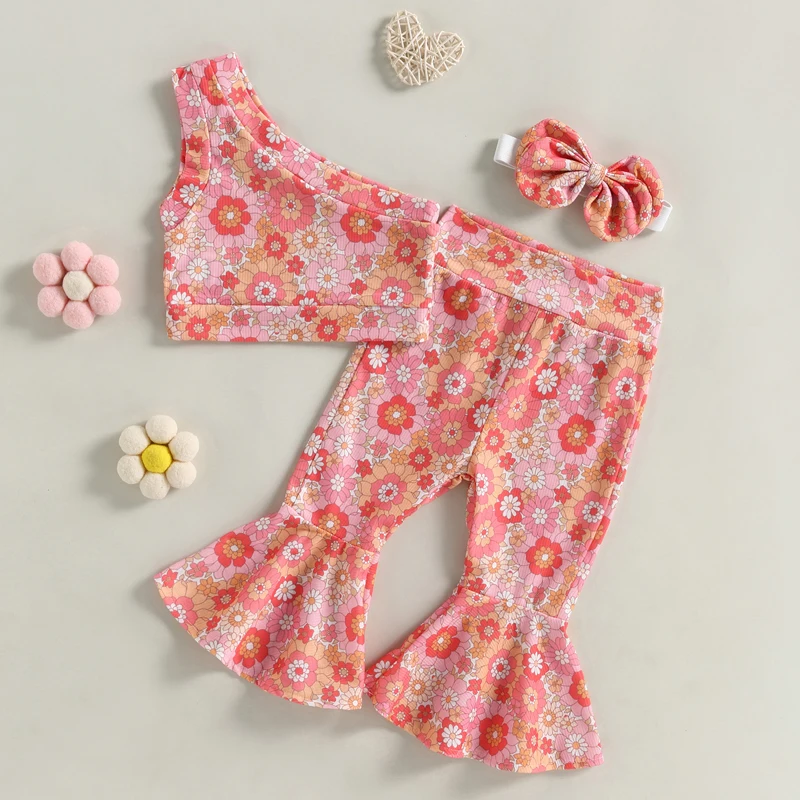 Toddler Girls Summer Outfit Toddler Baby Girls Groovy Bell-Bottoms Clothes Floral Print Sleeveless Crop Top Floral Flared