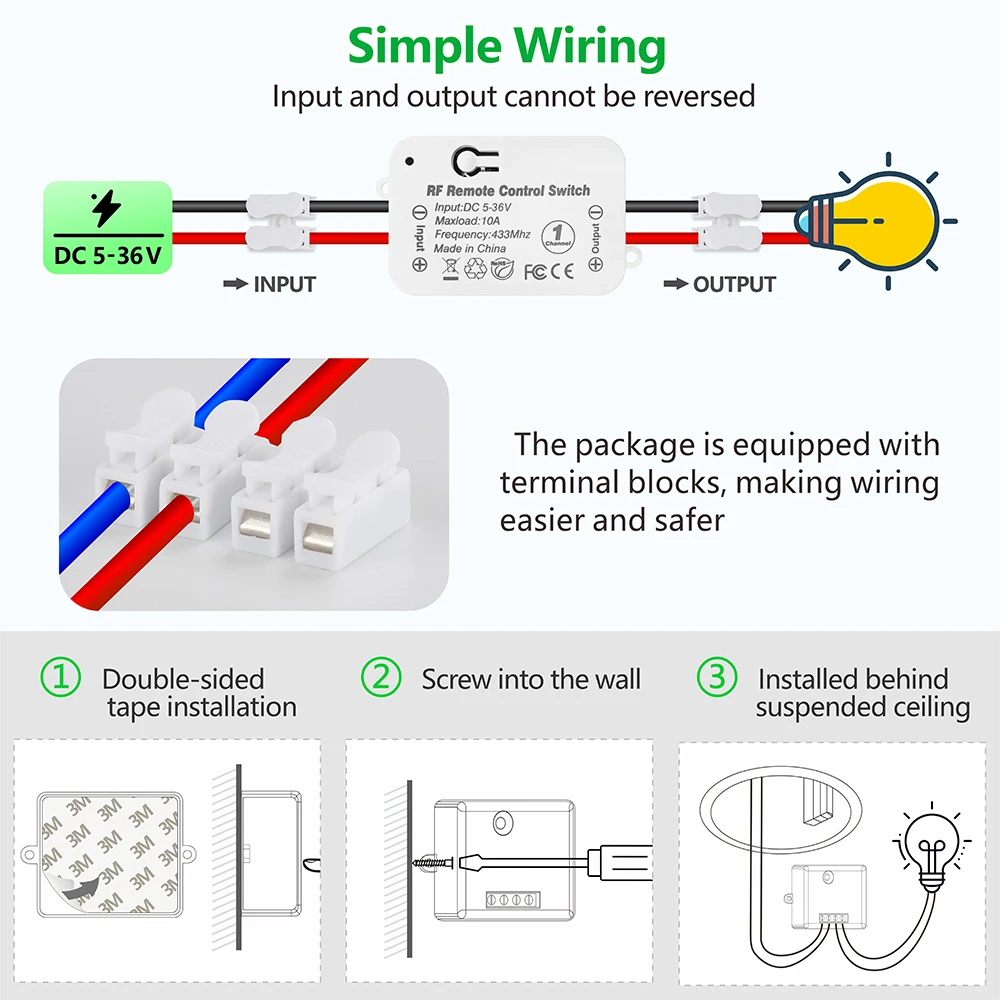 433Mhz Wireless Remote Control Switch 10A DC 6V 12V 24V 30V 36V Mini RF Relay Receiver Transmitter for Pumps Light Lamp LED Fan