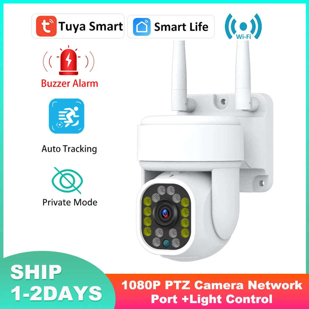 

Tuya WiFi 1080P PTZ IP Outdoor Auto Tracking Wireless Audio 2MP CCTV Security Siren White Light ON OFF Manually APP Set Camera