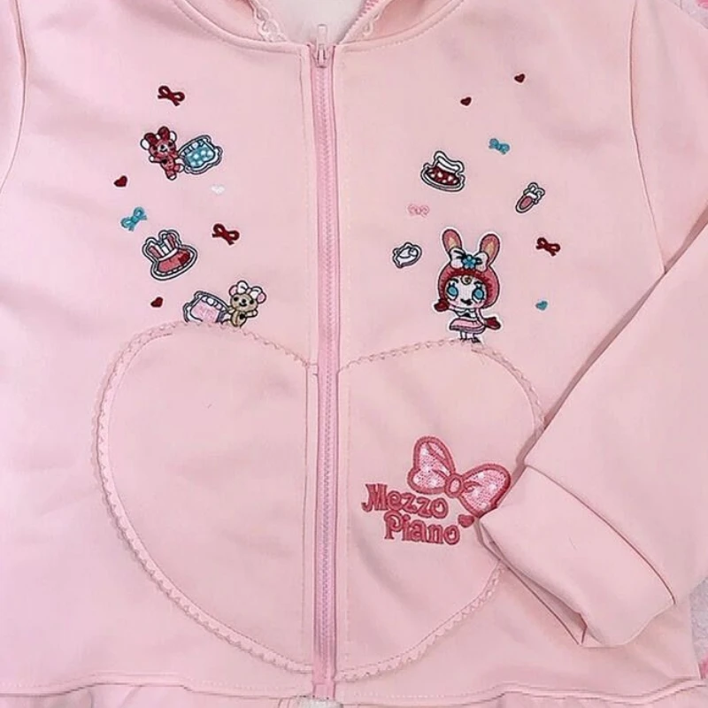 Japanese Kawaii Cartoon Embroidery Hoodies Women Pink Top Lace Patchwork Jacket Y2k Aesthetic Loose Zipper Sweatshirt Harajuku