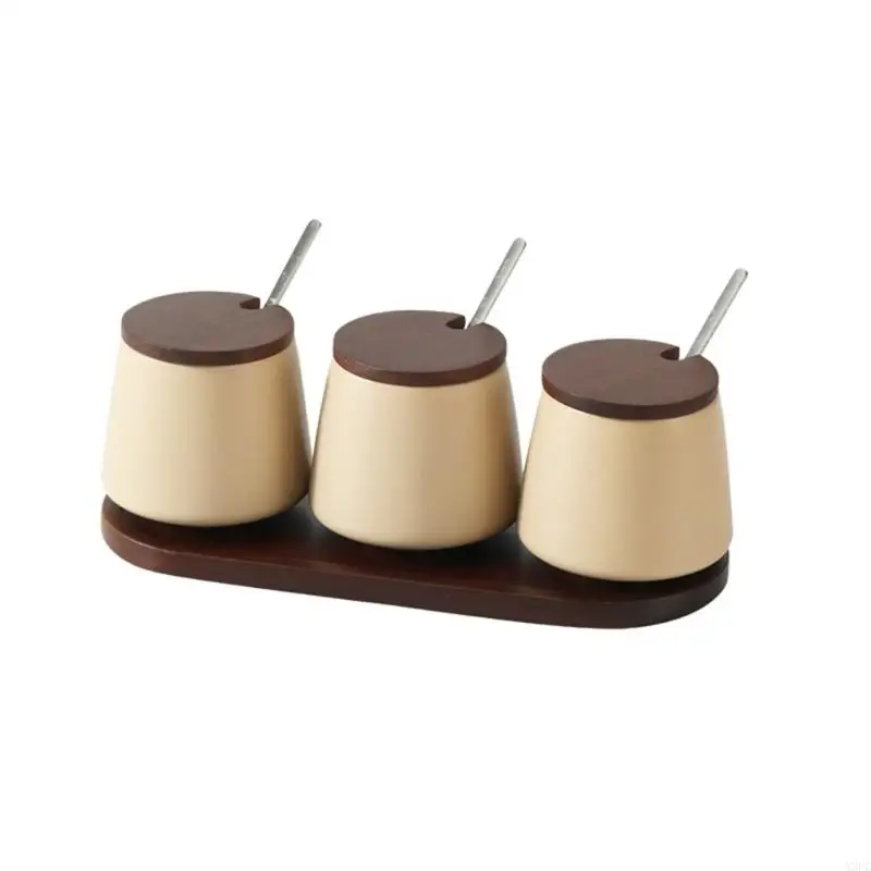 Contemporary Ceramic Spices Jars Set Of 3 With Tray For Organized Cooking Space X3UC