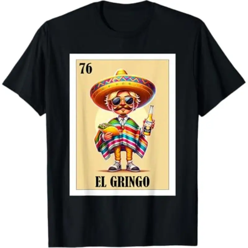

Men's Funny Gringo T-Shirt, Mexican Lotería Card Graphic Tee, El Gringo Cartoon, Taco & Beer Summer Casual Streetwear Top