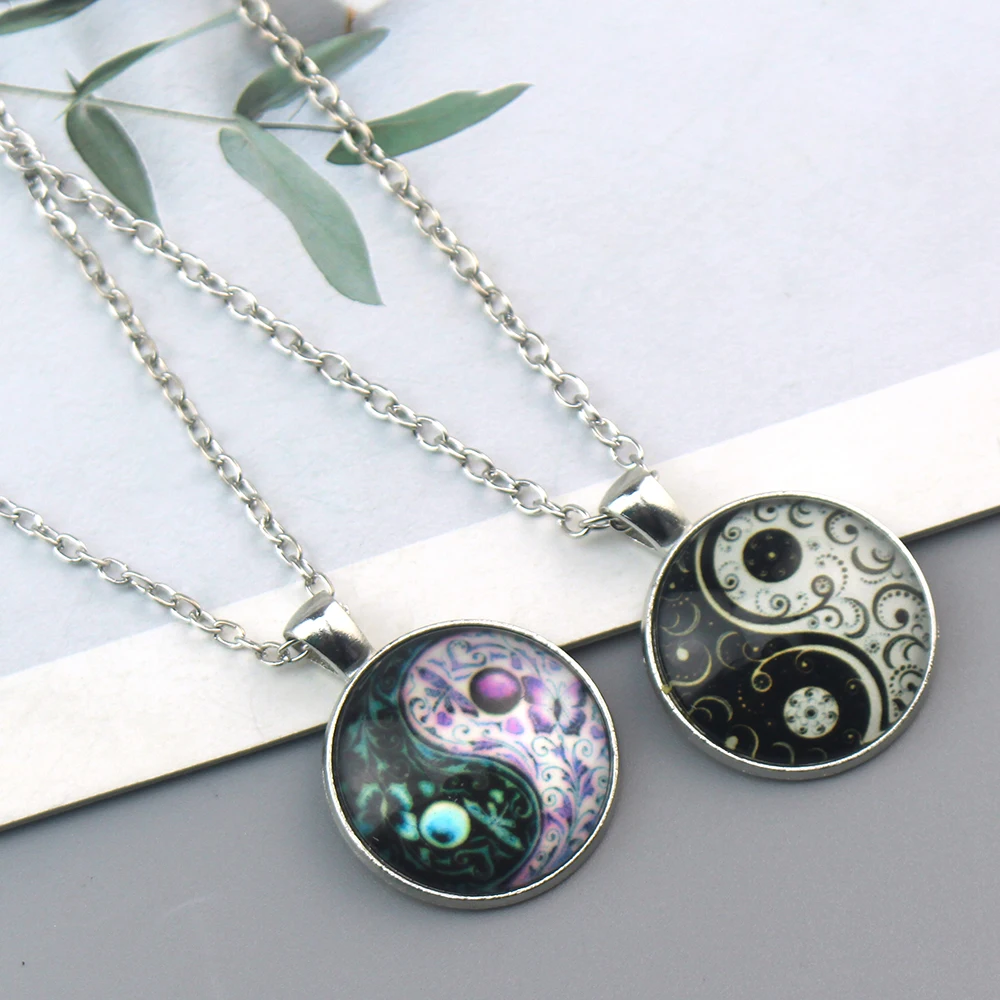 Yin Yang Tai Chi Cabochon Bronze Glass Pendant Necklace for Women Men Jewelry Accessories Fashion Collar Gift Fan Souvenirs New