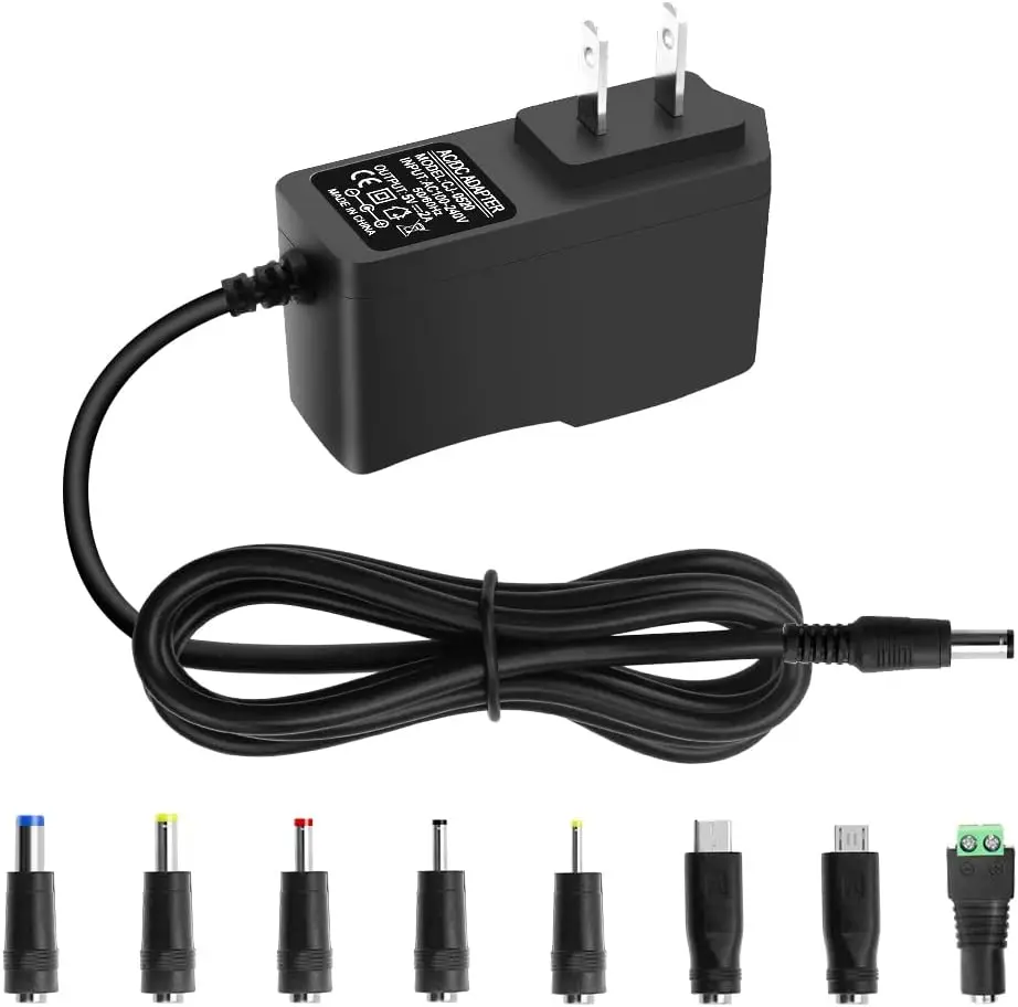 5V 2A 10W AC/DC Wall Adapter with Multiple DC Plugs and USB Type-C for Cameras, Monitors, and Electronics
