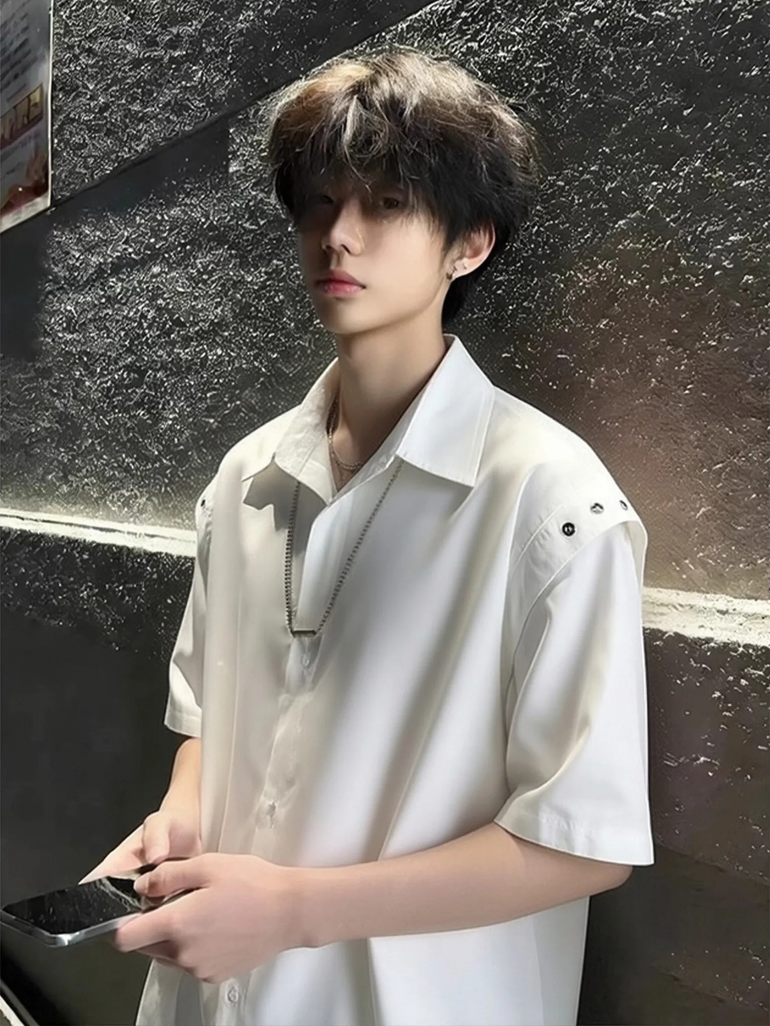 White Short Sleeve Shirt Men's Style Summer High-End Pad Shoulder Shirt Cleanfit Five-Quarter Sleeve Jacket Casual Loose Fit