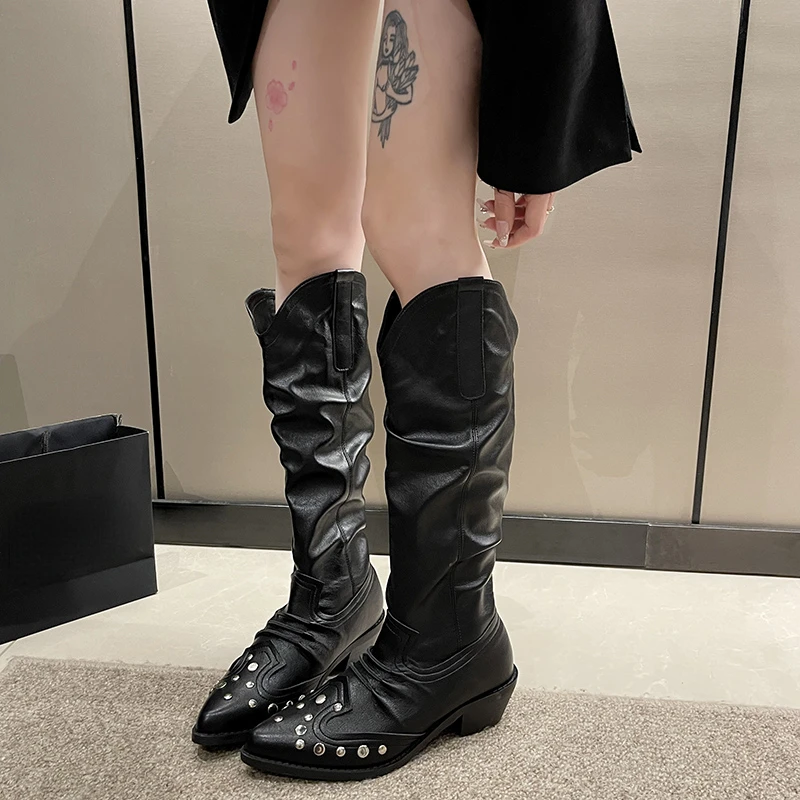 2023 Woman Knee High Leather Boots Black Chunky Heels Studded Western Low Heel Designer Shoes Elegant Sexy New Rock Goth