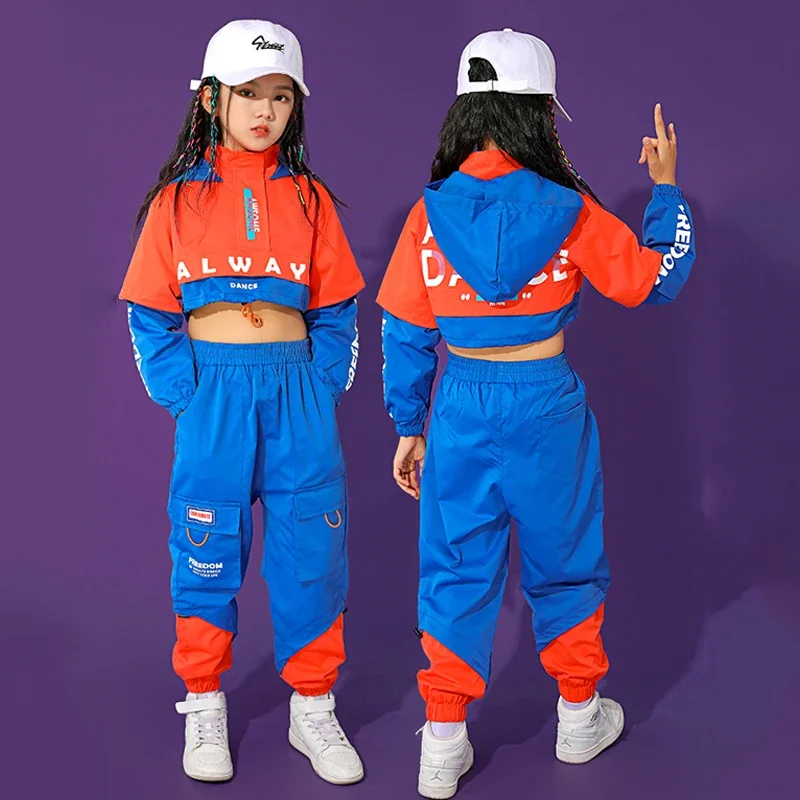 

Hip Hop Dance Costume Boys Girls Long Sleeve Hiphop Clothing Hooded Tops Blue Pants Ballroom Jazz Dance Clothes Show Wear BL5187