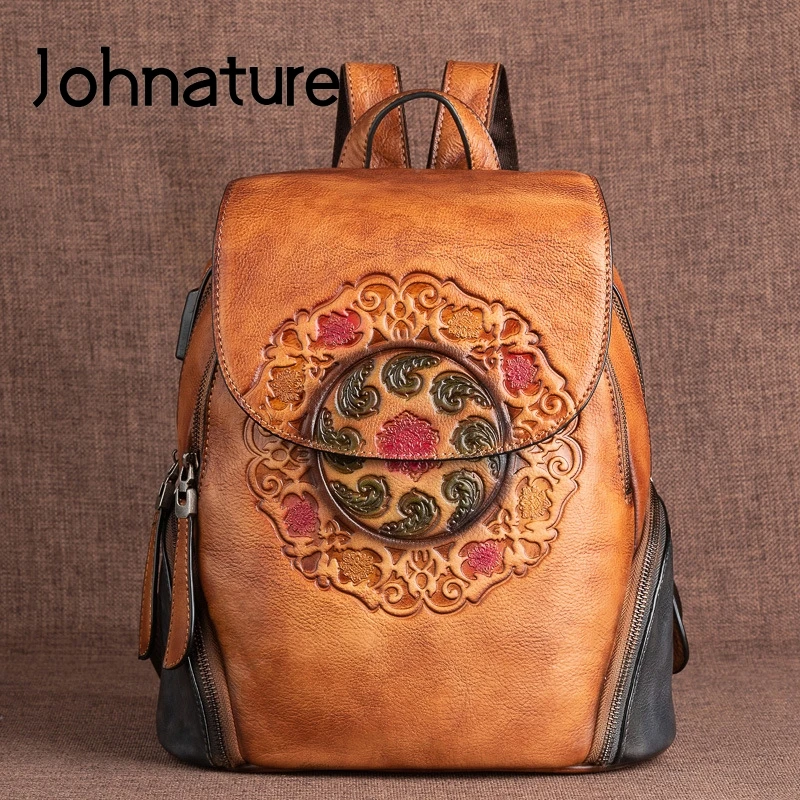 Johnature Retro First Layer Cow Leather Backpack Women Bag 2024 New Handmade Embossing  Large Capacity Genuine Leather Bagpack