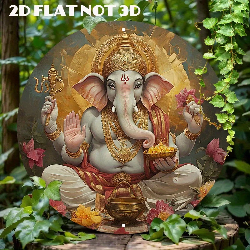 

2D Flat Round Aluminum Metal Sign Wall Art - Ganesha Fantasy Art Style, Detailed Illustration, Perfect for Home & Office Decor