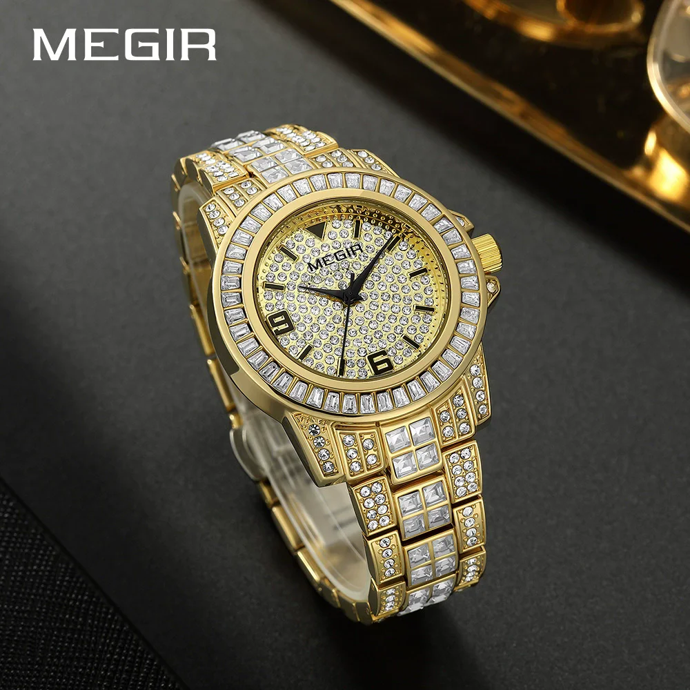 Reloj MEGIR 1092 de cuarzo a la moda de negocios para hombre, relojes informales con correa de acero resistente al agua y diamantes de lujo para hombre, reloj para hombre
