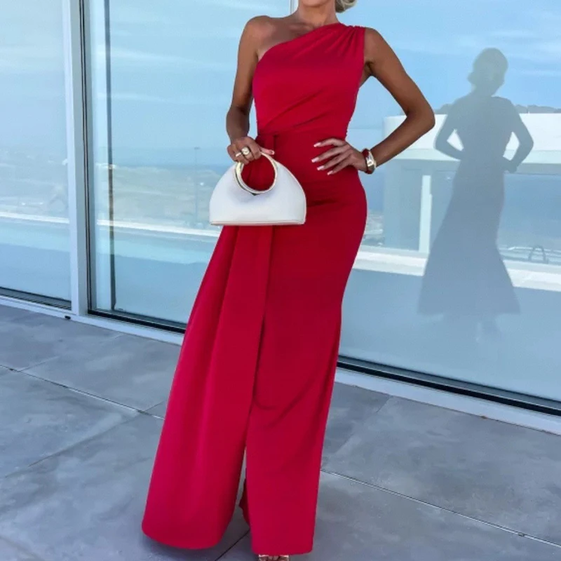 Robe moulante asymétrique Sexy pour femmes, couleur unie, élégante, épaules dénudées, ruban enveloppant les hanches, robe de loisirs plissée, robe de Banquet pour femmes