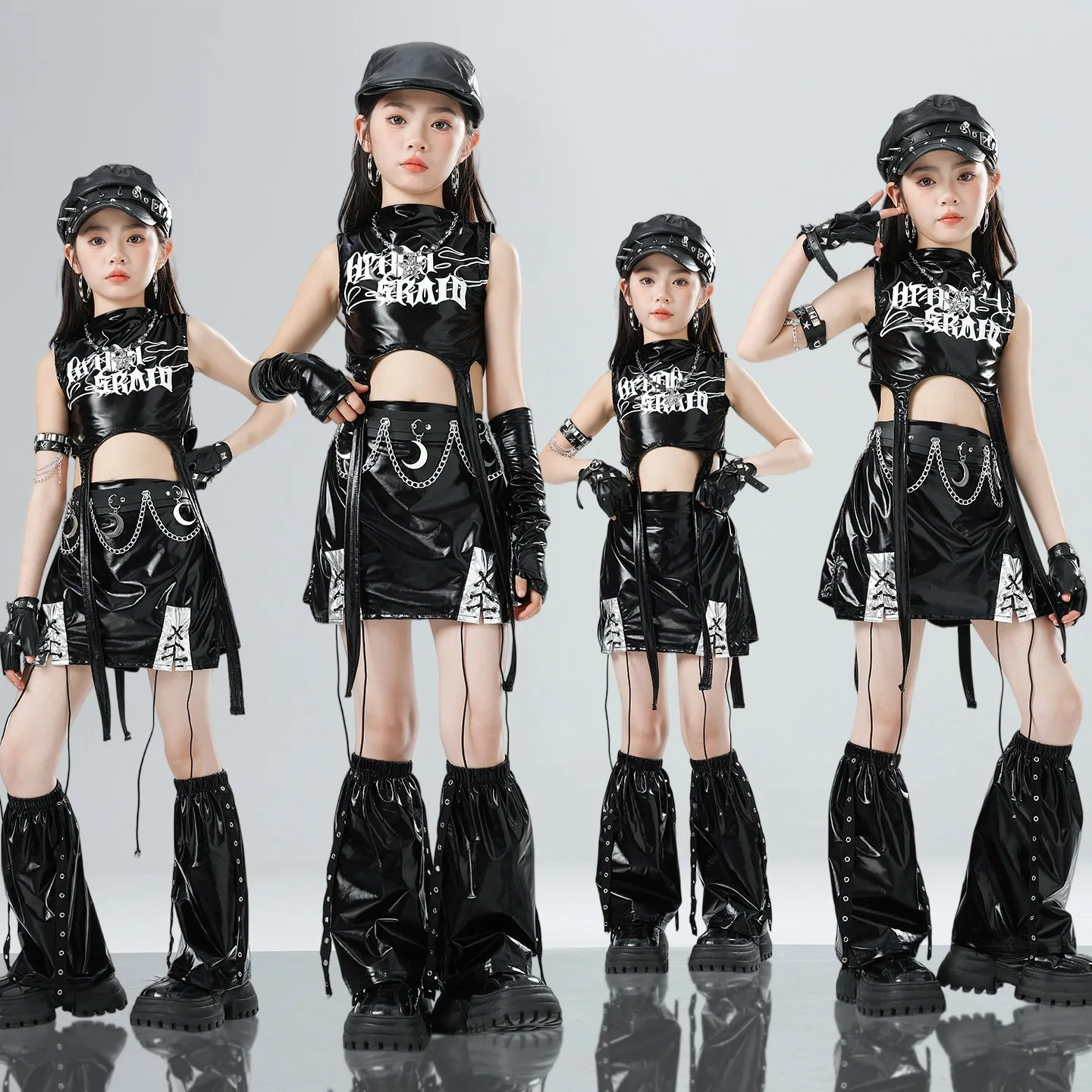 

Одежда для джазовых танцев в стиле K-pop для девочек: летний черный кожаный жилет и юбка, костюм для выступлений, детский наряд для подиума и концертов