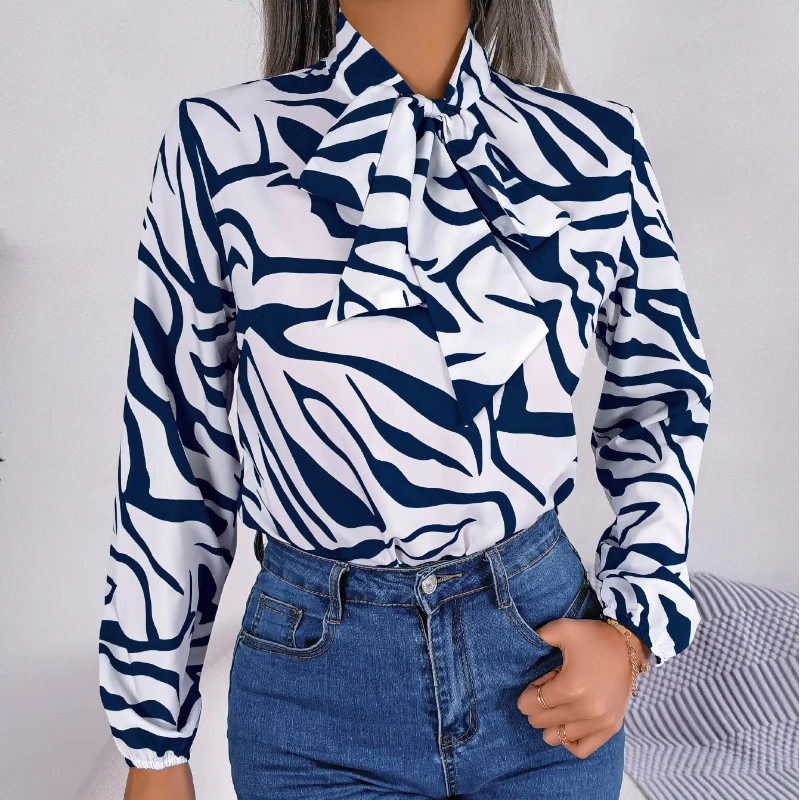 Real Shooting of Spring and Summer Temperament Contrasting Stripes Lace Up Lantern Sleeves Chiffon Shirt Top Women's Clothing