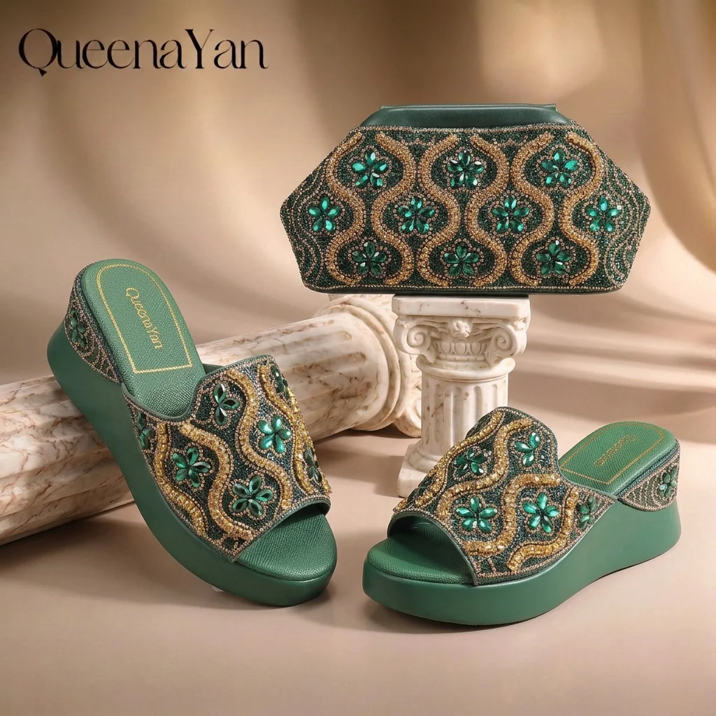 Luxury Green Rhinestone Beaded Wedge Slide Sandals & Clutch Bag Set,Women Open‑Toe Platform Slippers Matching Shoes Bag Set
