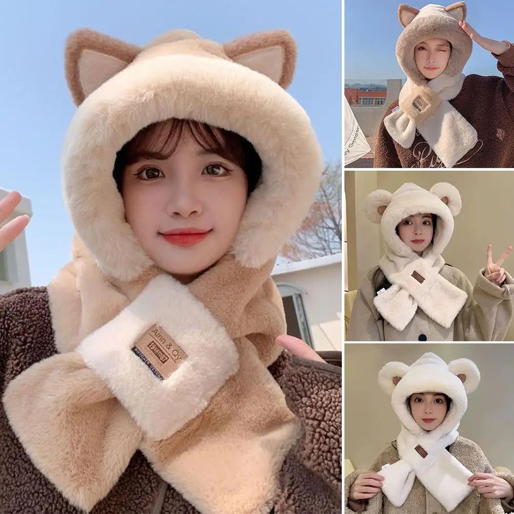 

Fox Ear Hat Female Winter Sweet and Cute Knitted Woolen Lei Feng Hat Plush Thick and Warm Hooded Scarf Ear Protection